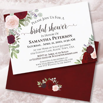 Rustic Watercolor Burgundy Floral Bridal Shower Invitation by ZingerBug at Zazzle