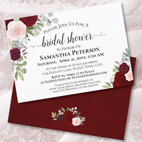 Rustic Watercolor Burgundy Floral Bridal Shower Invitation