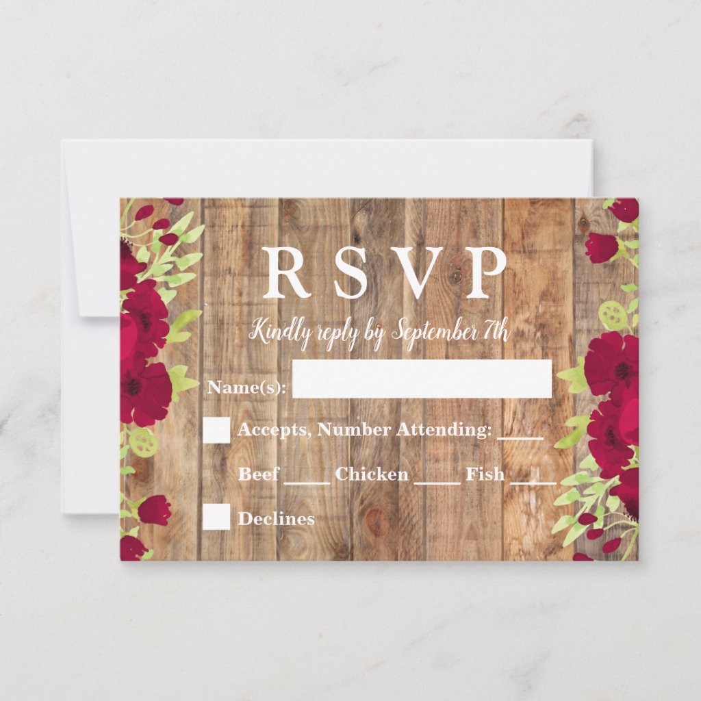 Rustic Watercolor Burgundy Floral Wedding RSVP Card