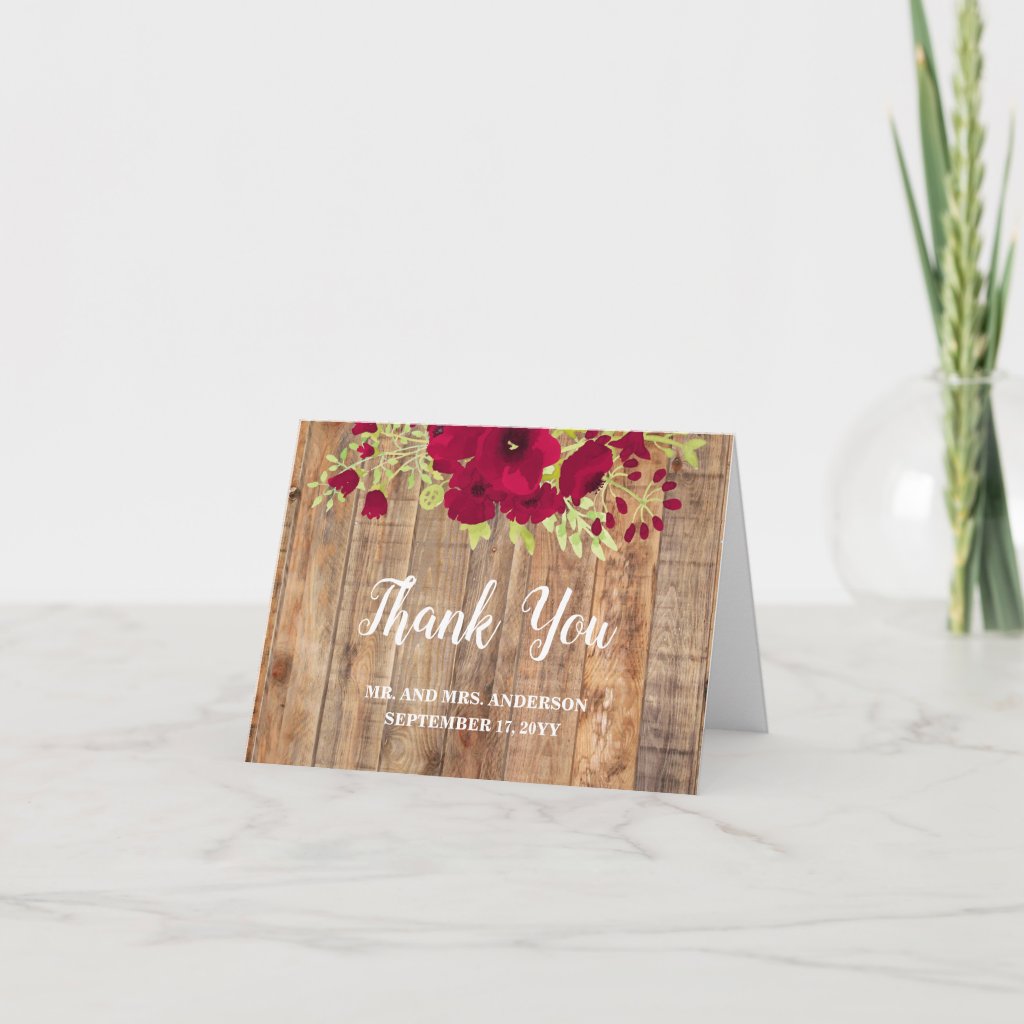 Rustic Watercolor Burgundy Floral Wedding Thank You Card