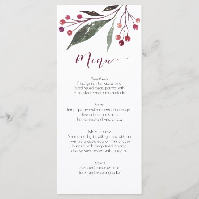 Rustic Watercolor Burgundy Greenery Menu Cards (Front)