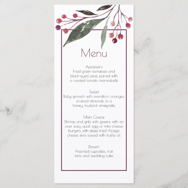 Rustic Watercolor Burgundy Greenery Menu Cards (Front)