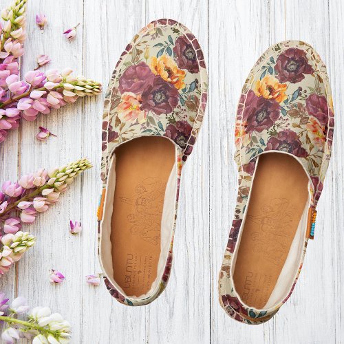 Rustic Watercolor Burgundy Orange Wild Flowers Espadrilles