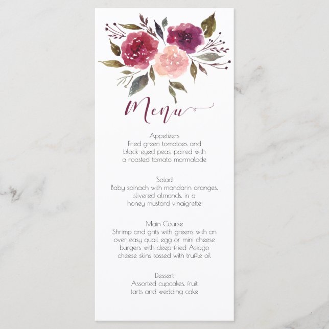 Rustic Watercolor Burgundy Pink Floral Menu Cards (Front)