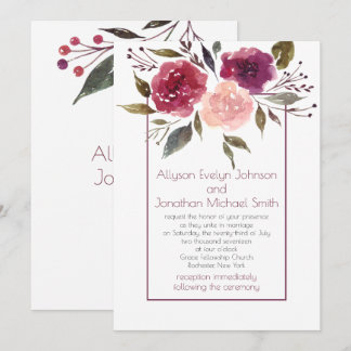 Rustic Watercolor Burgundy Pink Floral Wedding | Invitation