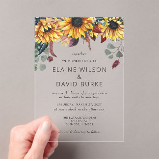 Rustic Watercolor Burgundy Sunflowers Fall Wedding Acrylic Invitations