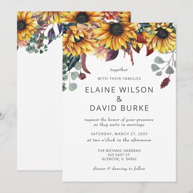 Rustic Watercolor Burgundy Sunflowers Fall Wedding Invitation (Front/Back)