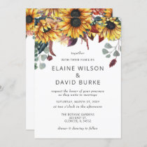 Rustic Watercolor Burgundy Sunflowers Fall Wedding Invitation