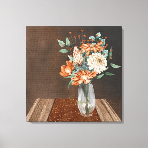 Rustic Watercolor Burnt Orange Floral Bouquet Canvas Print