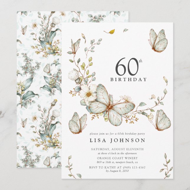 Rustic Watercolor Butterfly 60th Birthday Party Invitation (Front/Back)