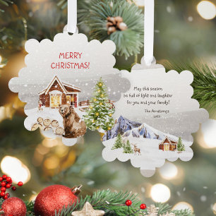 Rustic Watercolor Cabin Bear Keepsake Christmas Ornament Card