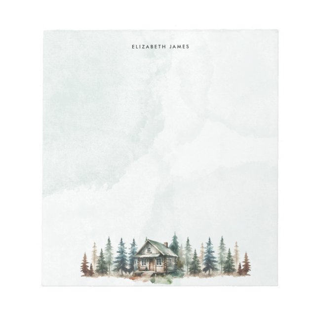 Rustic Watercolor Cabin Green Forest Personalized Notepad (Front)