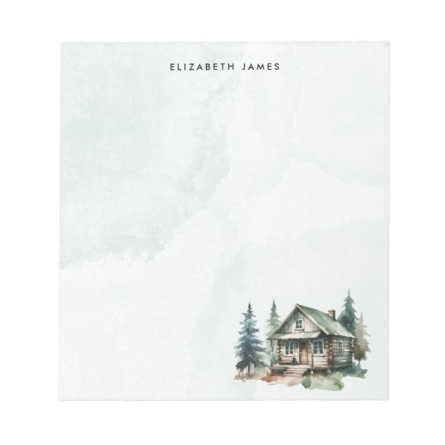 Rustic Watercolor Cabin Green Forest Personalized Notepad (Front)