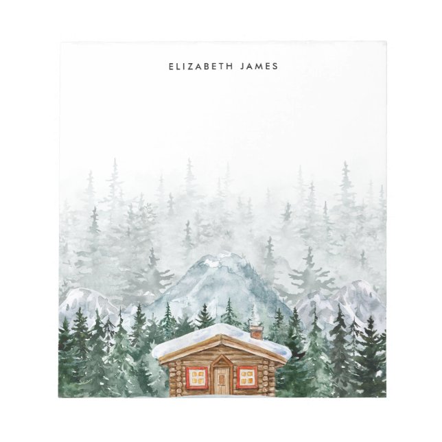 Rustic Watercolor Cabin Green Forest Personalized  Notepad (Front)