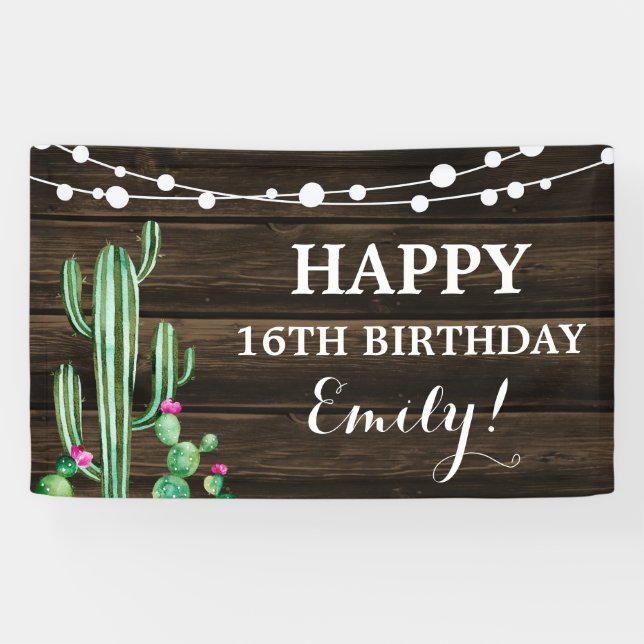 Rustic Watercolor Cactus Barn Wood Birthday Banner (Horizontal)