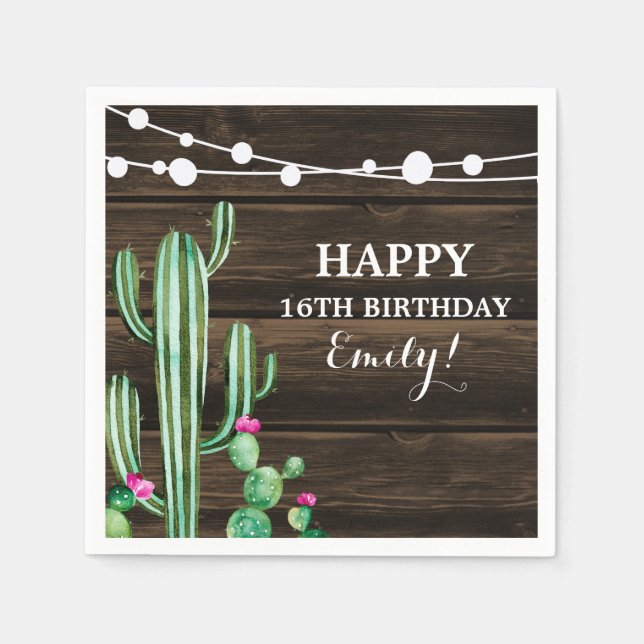 Rustic Watercolor Cactus Barn Wood Birthday Napkins (Front)