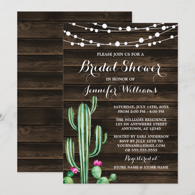 Rustic Watercolor Cactus Barn Wood Bridal Shower Invitation (Front/Back)