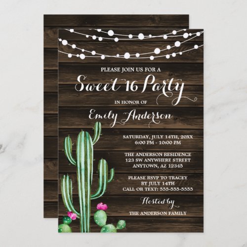 Rustic Watercolor Cactus Barn Wood Sweet 16 Invitation