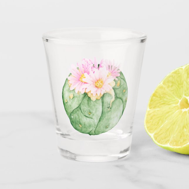 Rustic Watercolor Cactus Pink Flowers Shot Glass (Front)