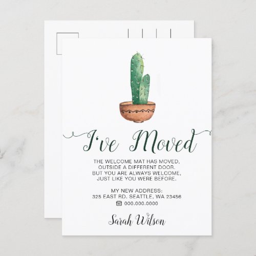 Rustic Watercolor Cactus Pot I Have Moved Moving Announcement Postcard