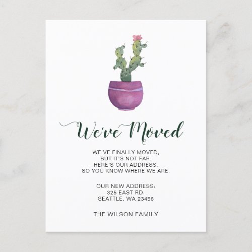 Rustic Watercolor Cactus Pot New Home Moving Announcement Postcard