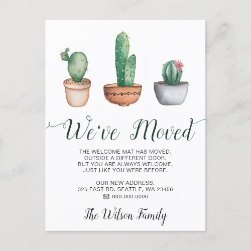 Rustic Watercolor Cactus Pots We Have Moved Moving Announcement Postcard