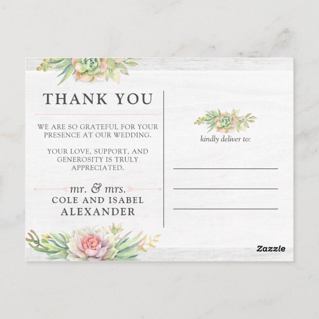 Rustic Watercolor Cactus Wedding Thank You Photo Postcard (Back)