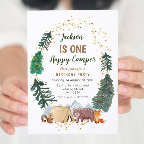 Rustic Watercolor camper first birthday invitation