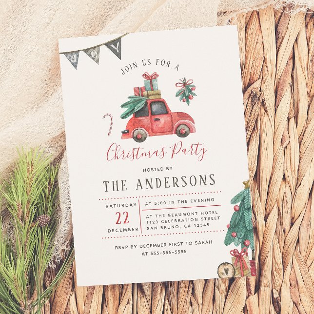 Rustic Watercolor Car Christmas Tree Holiday Party Invitation (Creator Uploaded)
