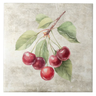 Rustic Watercolor Cherries Ceramic Tile