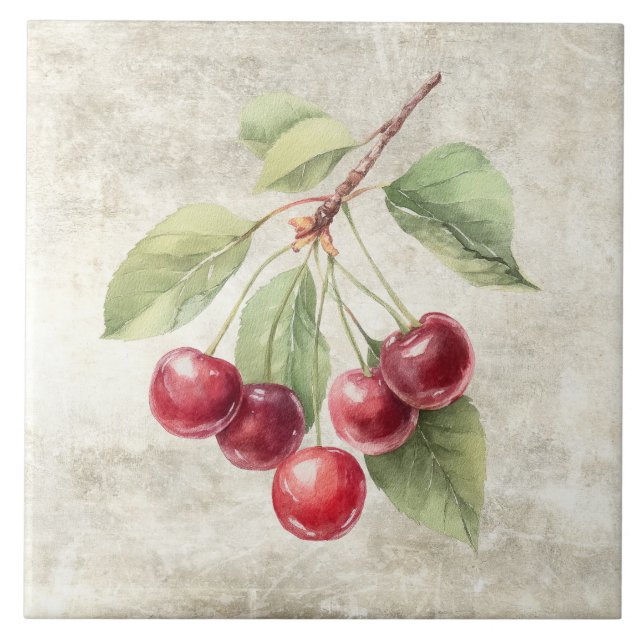 Rustic Watercolor Cherries  Ceramic Tile (Front)