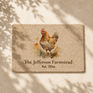 Rustic Watercolor Chicken Country Farmstead Fiber Doormat