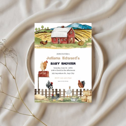 Rustic Watercolor Chicken Farm Baby Shower  Invitation