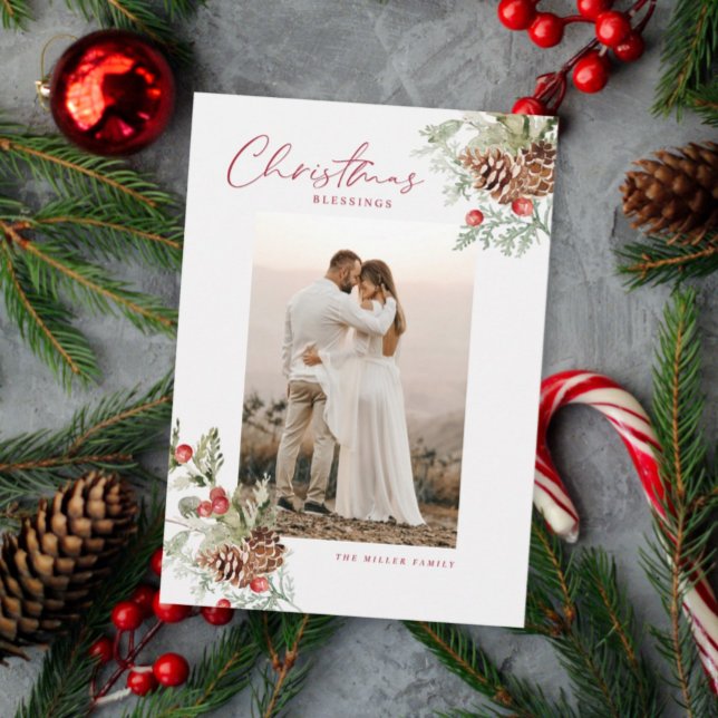 Rustic Watercolor Christmas Blessings Photo Card (Creator Uploaded)
