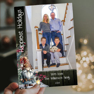 Rustic Watercolor Christmas Gnome Green Photo Holiday Card