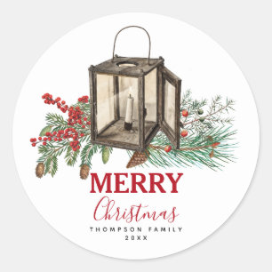 Rustic Watercolor Christmas Lantern Pine Berries Classic Round Sticker
