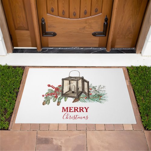 Rustic Watercolor Christmas Lantern Pine Berries Doormat