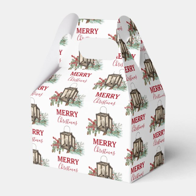 Rustic Watercolor Christmas Lantern Pine Berries Favor Boxes (Front Side)