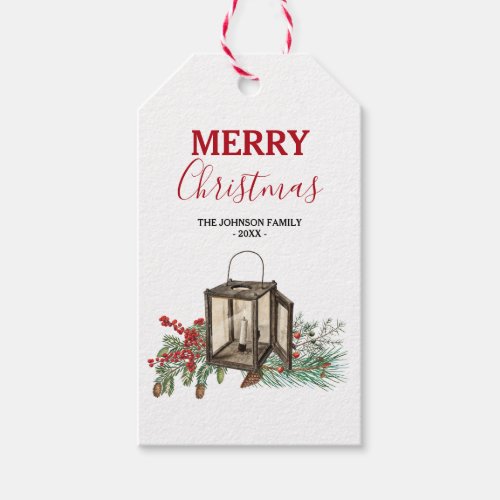 Rustic Watercolor Christmas Lantern Pine Berries Gift Tags