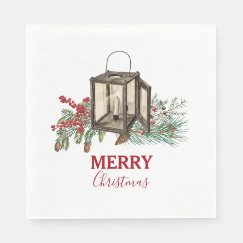 Rustic Watercolor Christmas Lantern Pine Berries Napkins