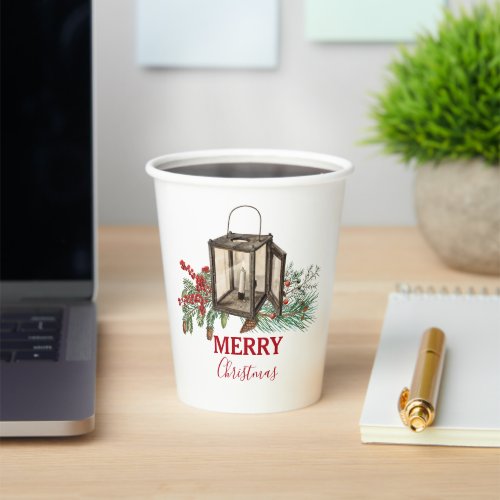 Rustic Watercolor Christmas Lantern Pine Berries Paper Cups