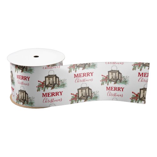 Rustic Watercolor Christmas Lantern Pine Berries Satin Ribbon