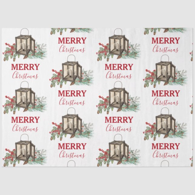 Rustic Watercolor Christmas Lantern Pine Berries Tissue Paper (Front)