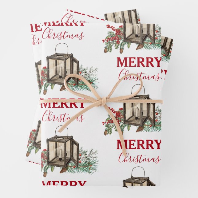 Rustic Watercolor Christmas Lantern Pine Berries Wrapping Paper Sheets (In situ)