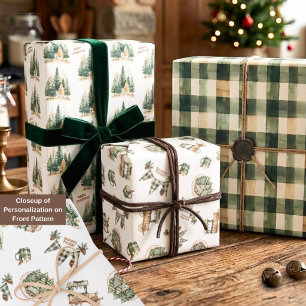 Rustic Watercolor Christmas Pine Plaid Custom Name Wrapping Paper Sheets