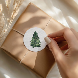 Rustic Watercolor Christmas Pine Tree Wood Classic Round Sticker