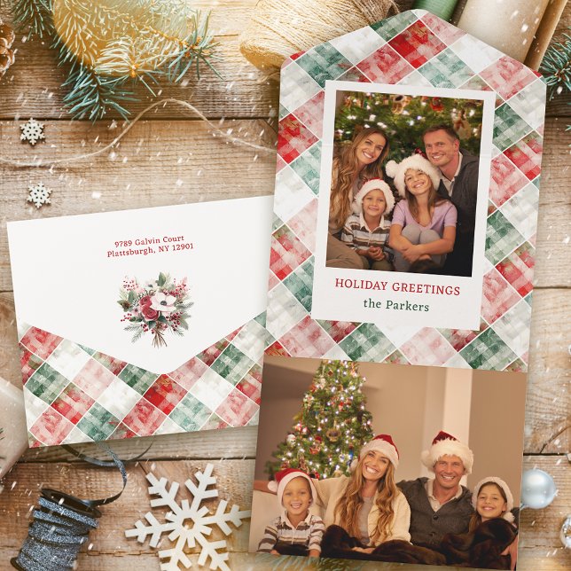 Rustic Watercolor Christmas Plaid Photo All In One Invitation (Creator Uploaded)