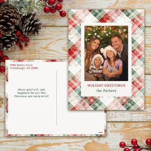 Rustic Watercolor Christmas Plaid Photo Holiday Postcard