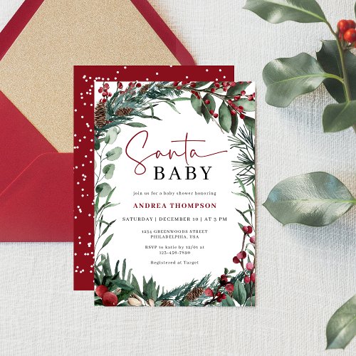 Rustic Watercolor Christmas Santa Baby Shower Invitation