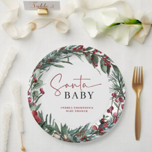 Rustic Watercolor Christmas Santa Baby Shower Paper Plates